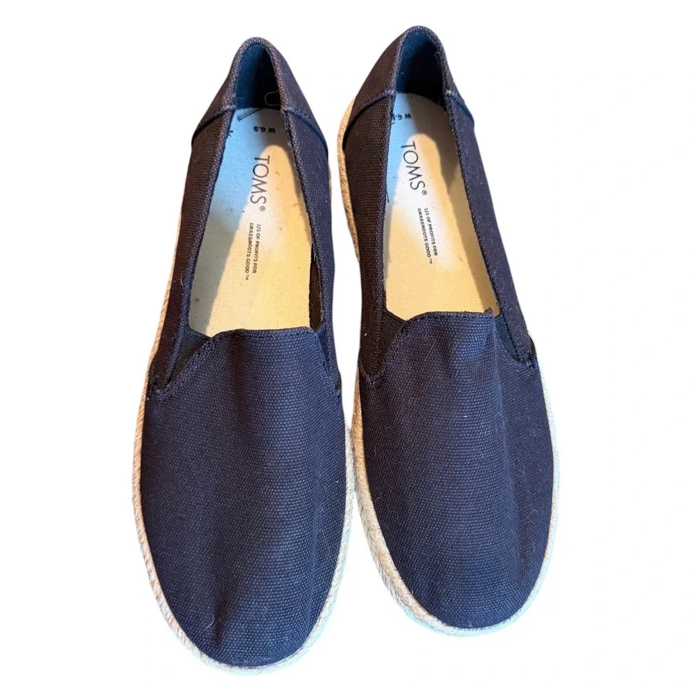 TOMS Women Alpargata Rope Platform Espadrille Black Canvas Slip On Shoes 6.5 EUC